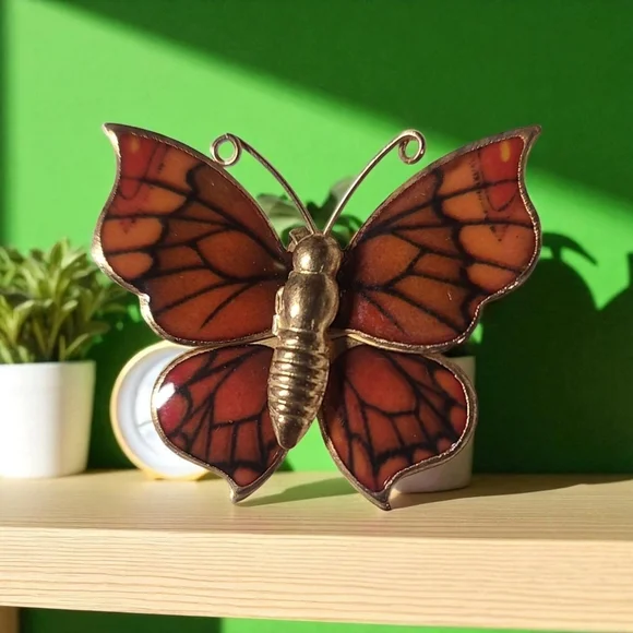 Vintage gold tone enamel orange black butterfly brooch pin / necklace pe… - Picture 4 of 17